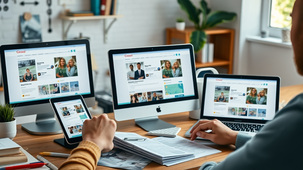 multi-device setup showcasing social media, websites, print content with unified branding