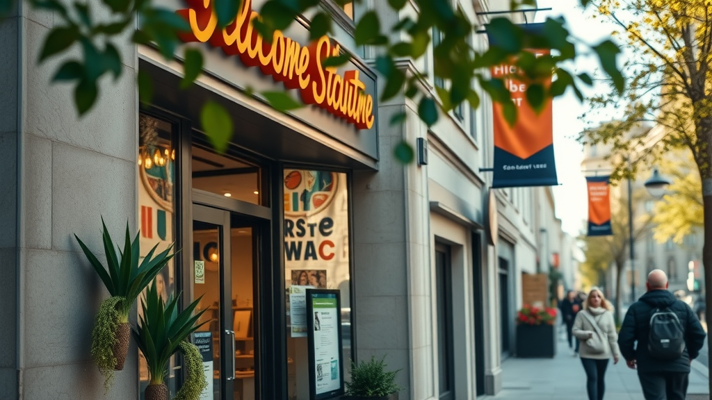 Lokale SEO Strategien modernes Geschäft Schaufenster mit Laufkundschaft, city street