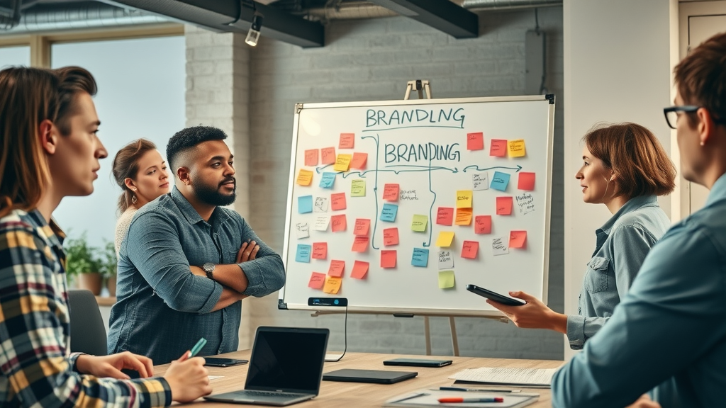 creative branding workshop defining digital marketing voice with team brainstorming in agency