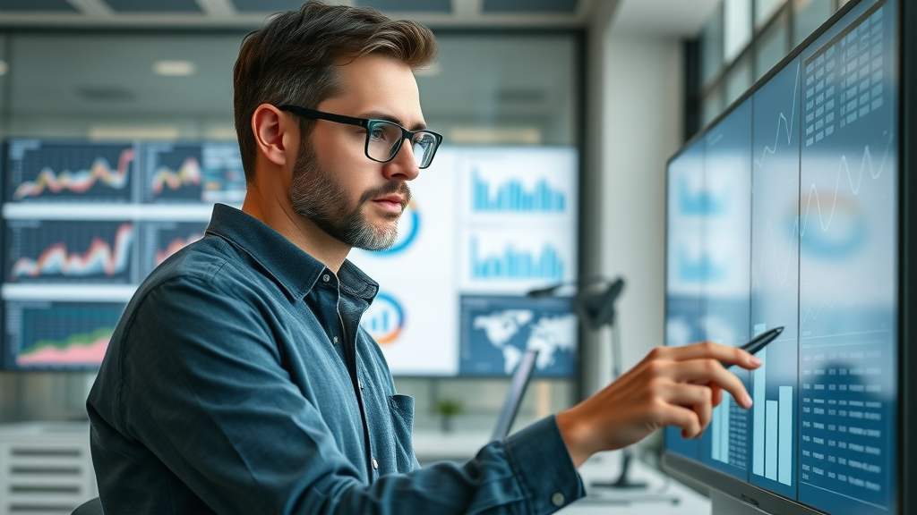 thoughtful marketer analyzing digital content performance; strategien zur erstellung von inhalten; analyzing statistics on digital dashboards