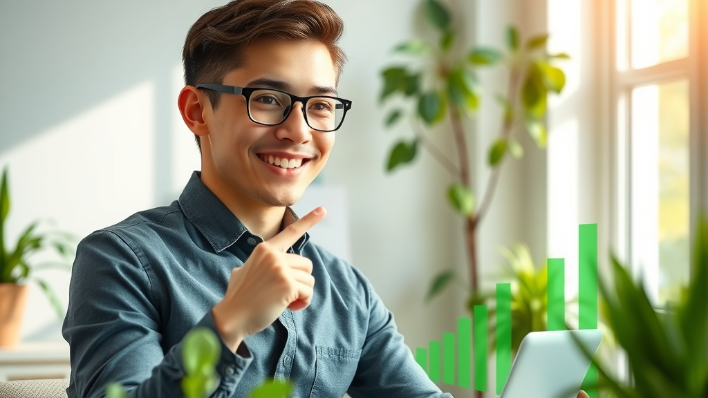 Business owner celebrating online growth with sustainable SEO graph