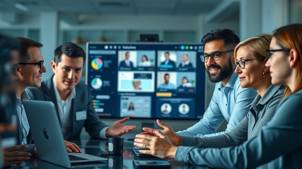 modern diverse business team collaborating virtually, engaged in online digital communication, virtual conference, communication channel