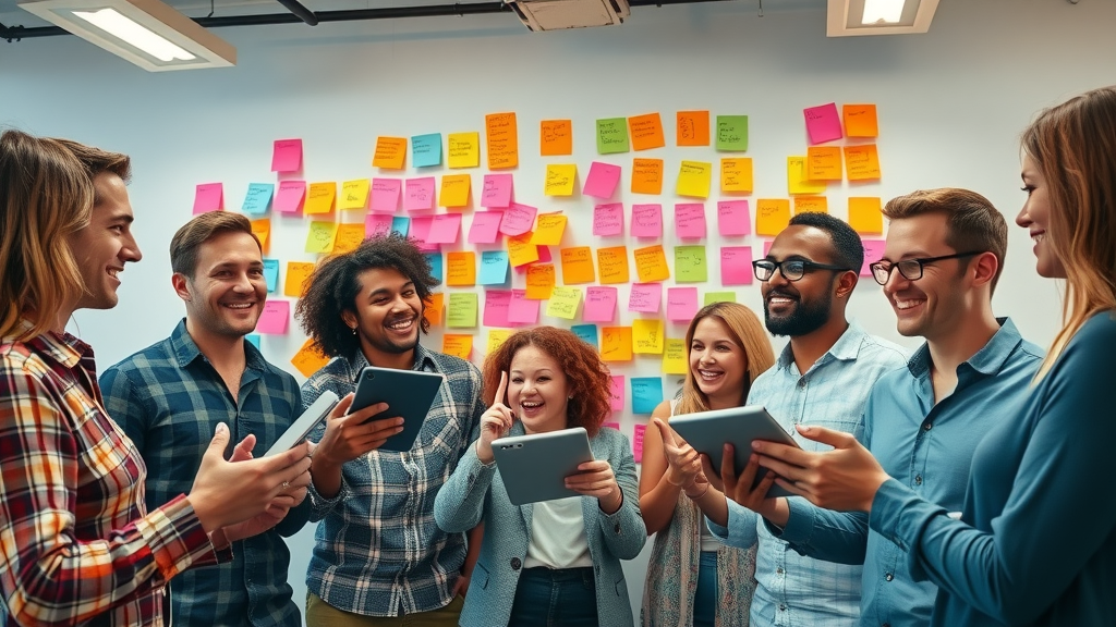 inhaltsoptimierung für markenwirkung: Kreatives Team entwickelt einzigartige Content-Ideen, bunte Notizen und Tablets im modernen Workspace.