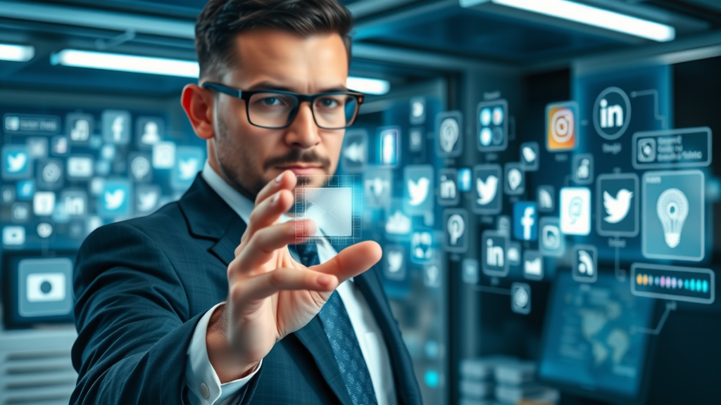 dynamic social media strategy concept, business person with digital interface for social media management, various social platform icons visible