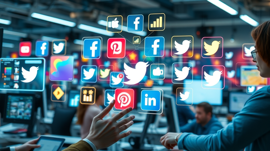 visualizer of social media platform logos on digital devices, high tech workspace with people interacting