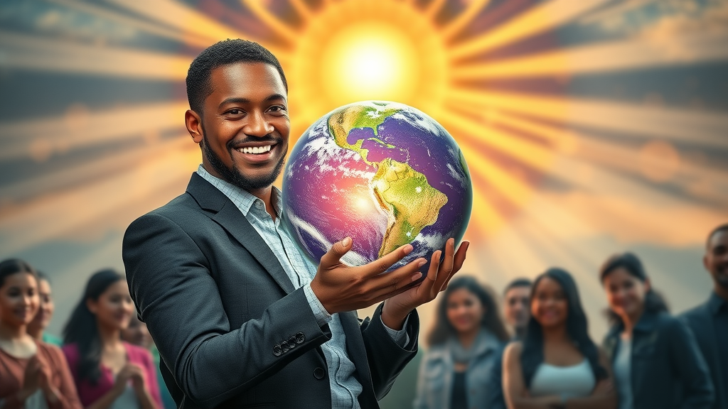 Passionate social entrepreneur raising a glowing globe with a diverse team, symbolizing lasting impact through brand storytelling für social impact.
