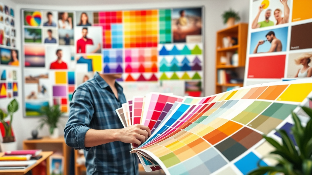 brand color palette for brand identity online, creative marketer arranging color swatches, mood boards, designer studio