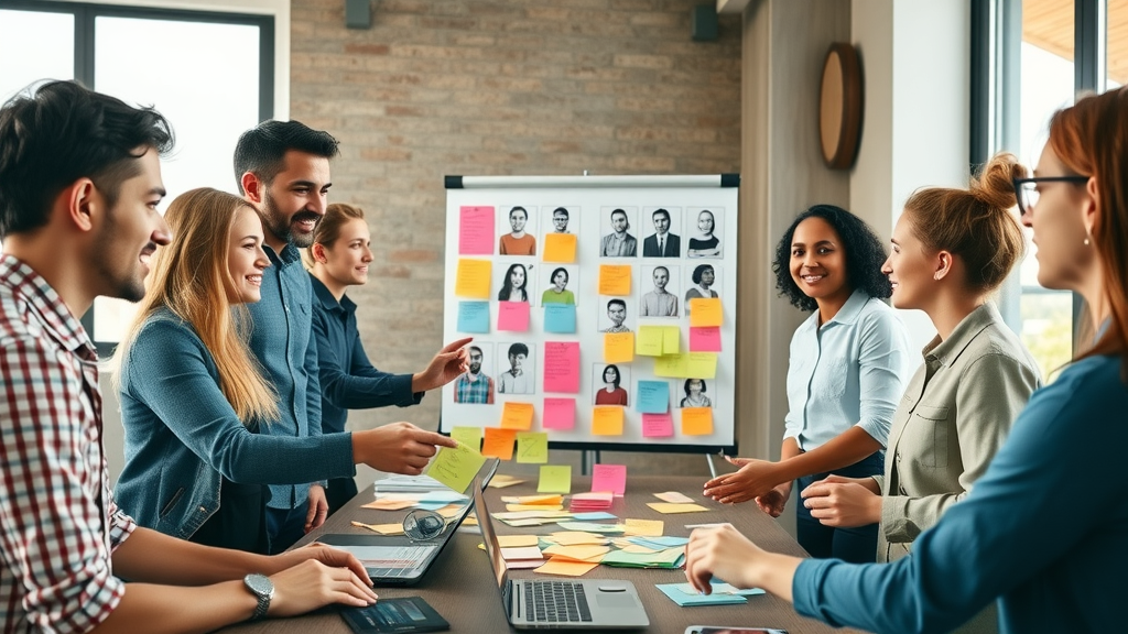 inclusive team collaboratively mapping target audience personas, with colorful sticky notes and audience profile boards in a modern meeting room