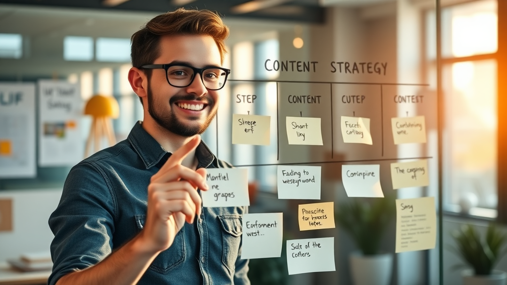 content strategy - entrepreneur mapping a step-by-step plan on a glass board