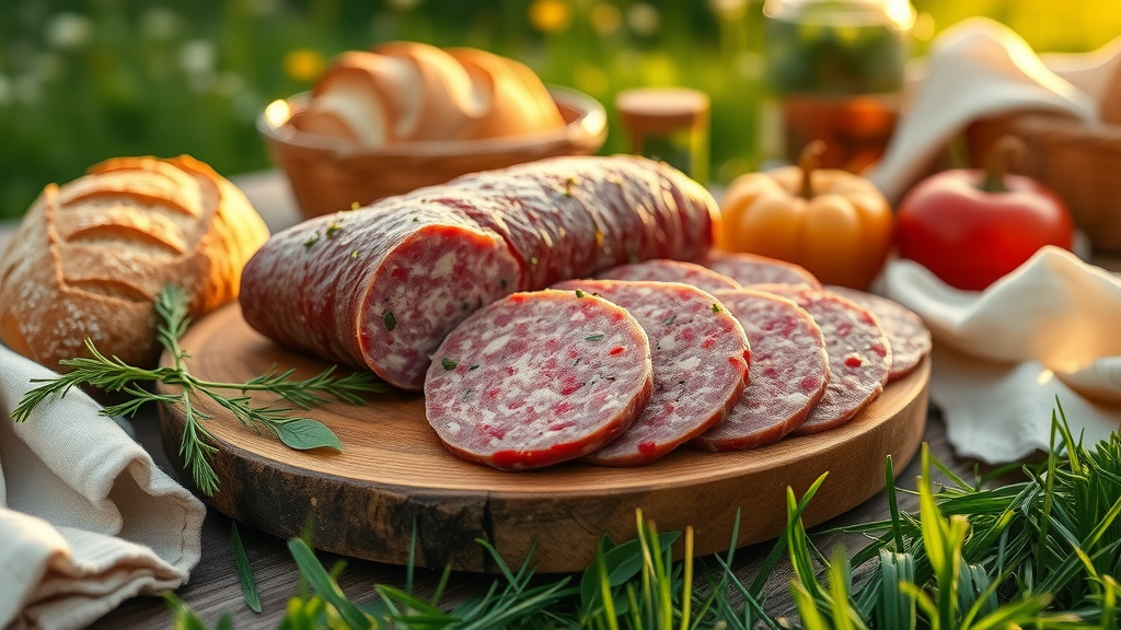 Sliced zertifizierte Bio-Wurst with organic vegetables on rustic wood plate