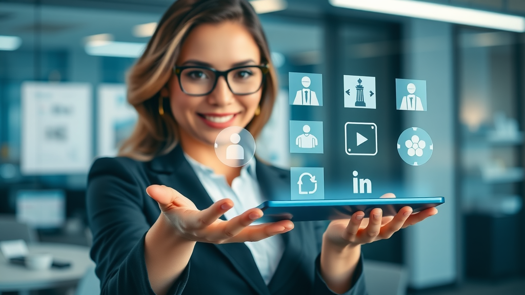 confident businesswoman presenting digital brand identity symbols on touchscreen, brand identity