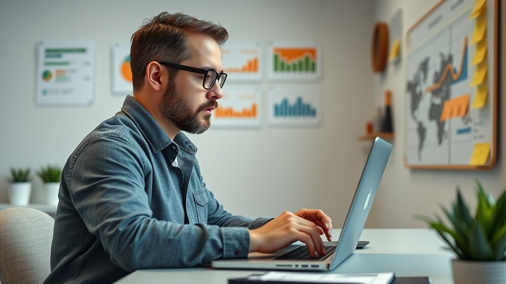 Analytical marketer examining data on laptop and charts, measuring KPIs for brand storytelling für social impact.