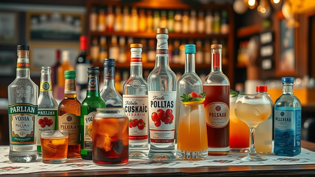 Polnische Getränke Spirituosen ensemble featuring vodka, liqueurs, and soft drinks