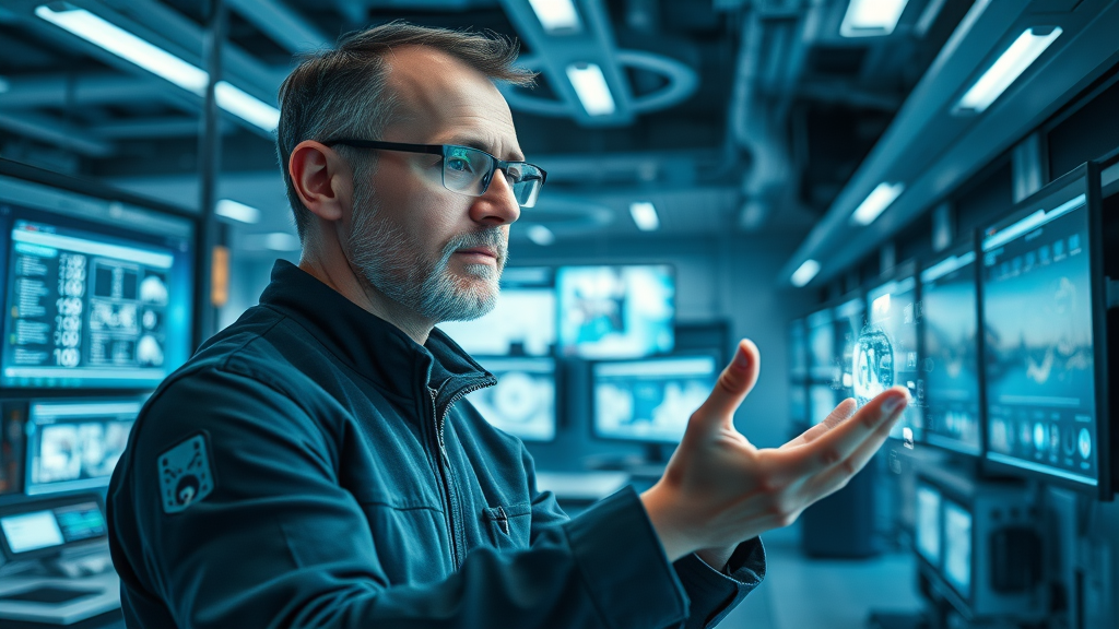 visionary futurist observing AI-driven content generation; strategien zur erstellung von inhalten; interacting with holographic digital interfaces