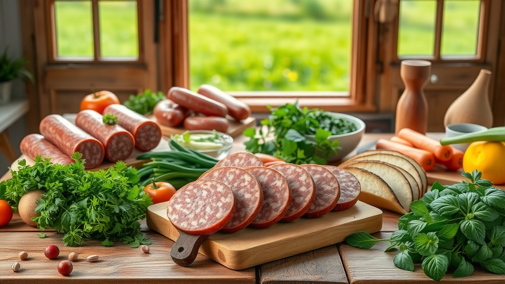 Assorted zertifizierte Bio-Wurst and organic ingredients on rustic table