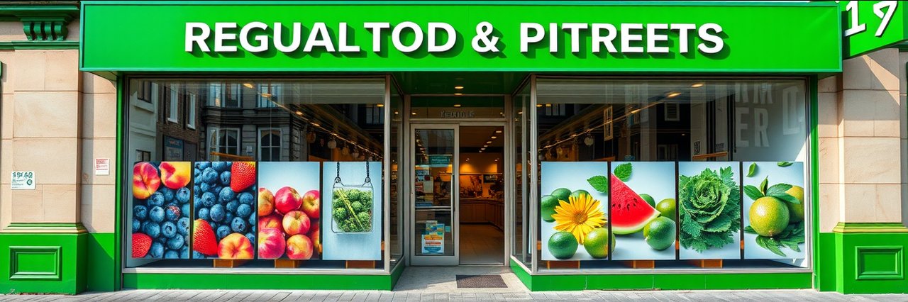 regional obst gemüse storefront with vibrant fruit and vegetable images on windows