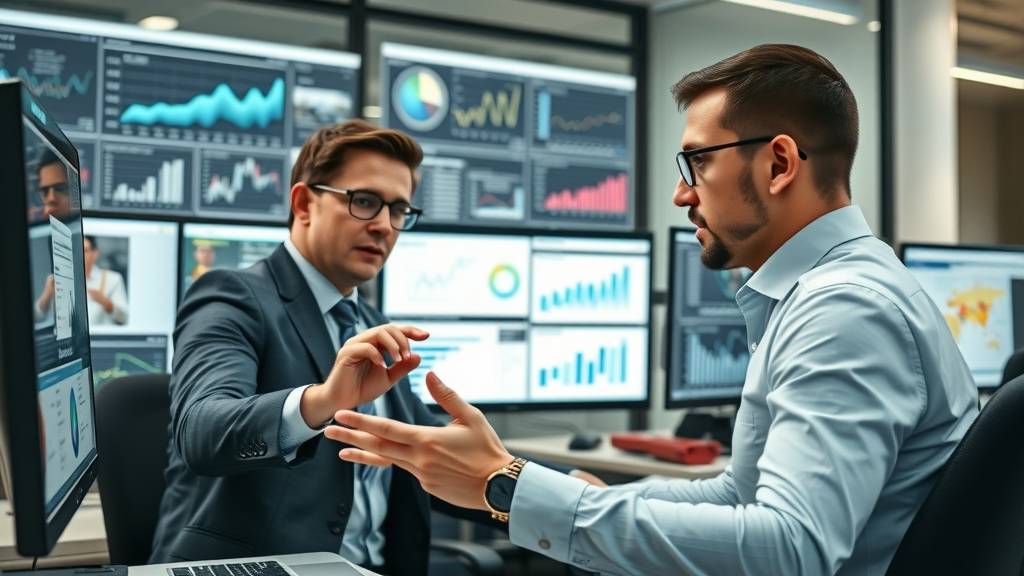 social-media-analyse, marketing executives analyzing confusing and chaotic social media dashboards in a modern office