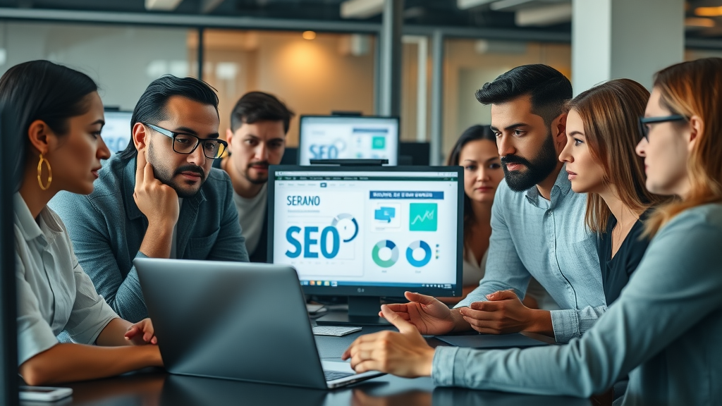 local seo strategie lokale Geschäftsinhaber besprechen SEO Strategien am Laptop