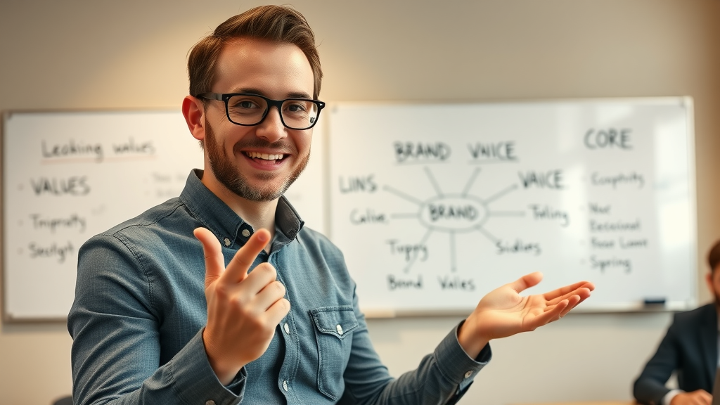 brand manager presenting diagram linking core values and company values to brand voice, Brand Voice Strategy