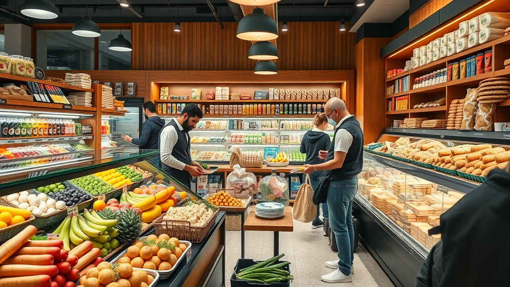 Specialty market staff and customers with fresh orientalische Spezialitäten.