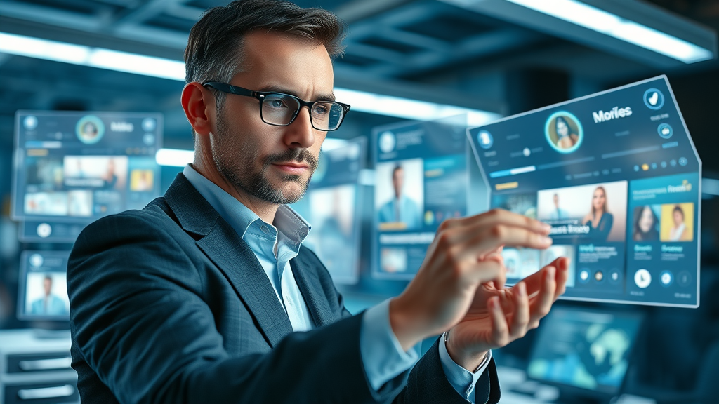 brand identity online—cutting-edge website with strong brand visuals, confident business owner, holographic screens, cyber blue, digital branding