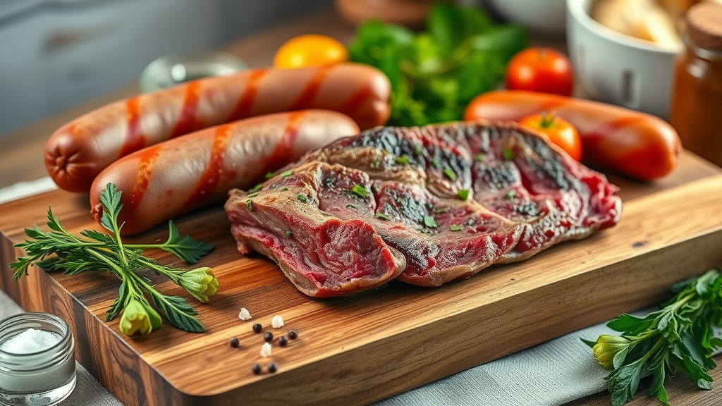 Organic meats from bio metzgerei with fresh herbs and vegetables