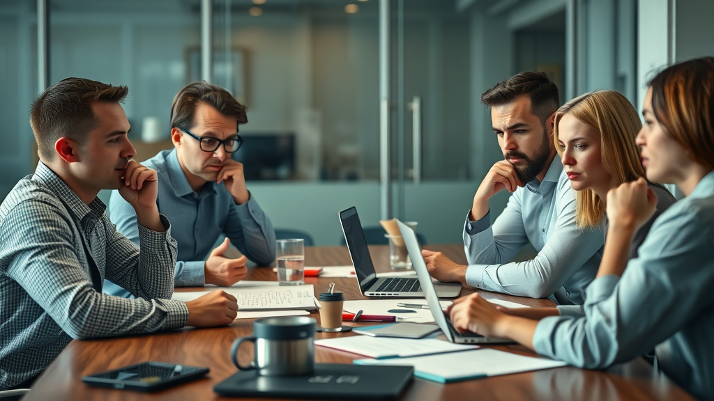 Gestresstes Team analysiert fehlgeschlagene Kampagne in der Engagement-Optimierung für Kleinstunternehmen mit Impact