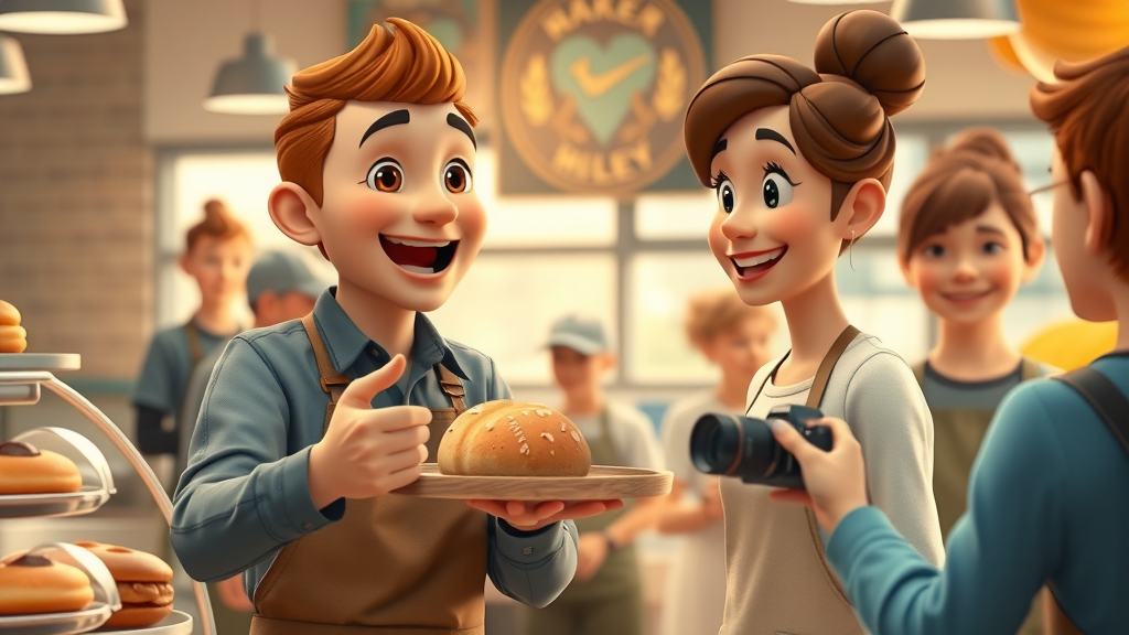 Influencer besucht Bäckerei, Influencer-Kooperation für Kleinstunternehmen mit Impact, glücklicher Inhaber mit neue Kundschaft.