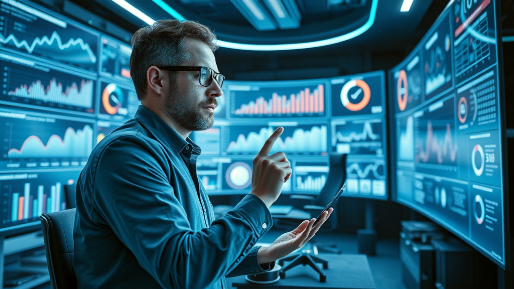 content marketing - analytics expert reviewing KPI dashboards in a high-tech setting