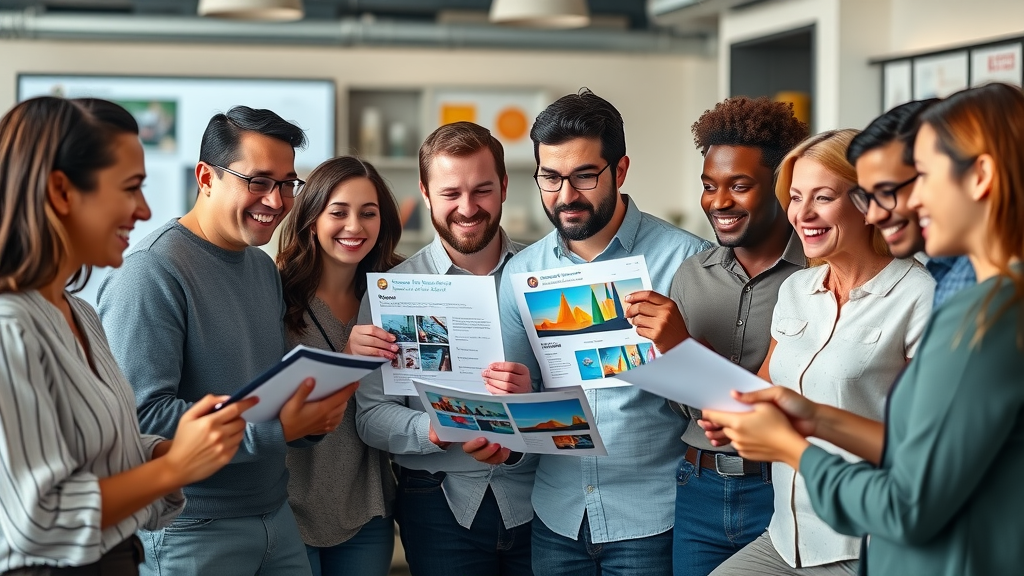 brand identity online—diverse professionals reviewing brand kits and marketing materials, digital branding, creative agency, collaboration