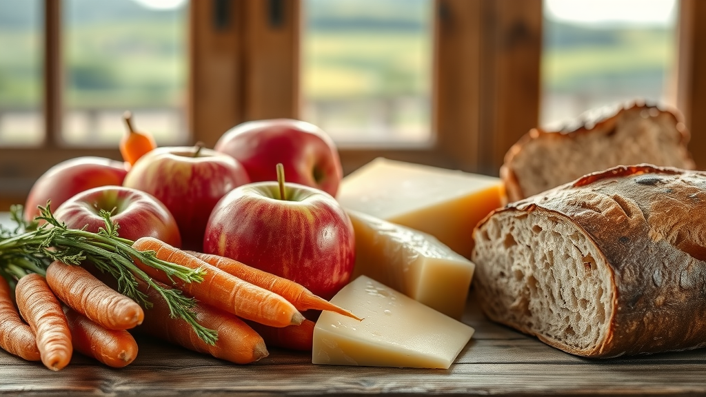 Naturkost Ludwigshafen organic apples, cheese, and bread on rustic table