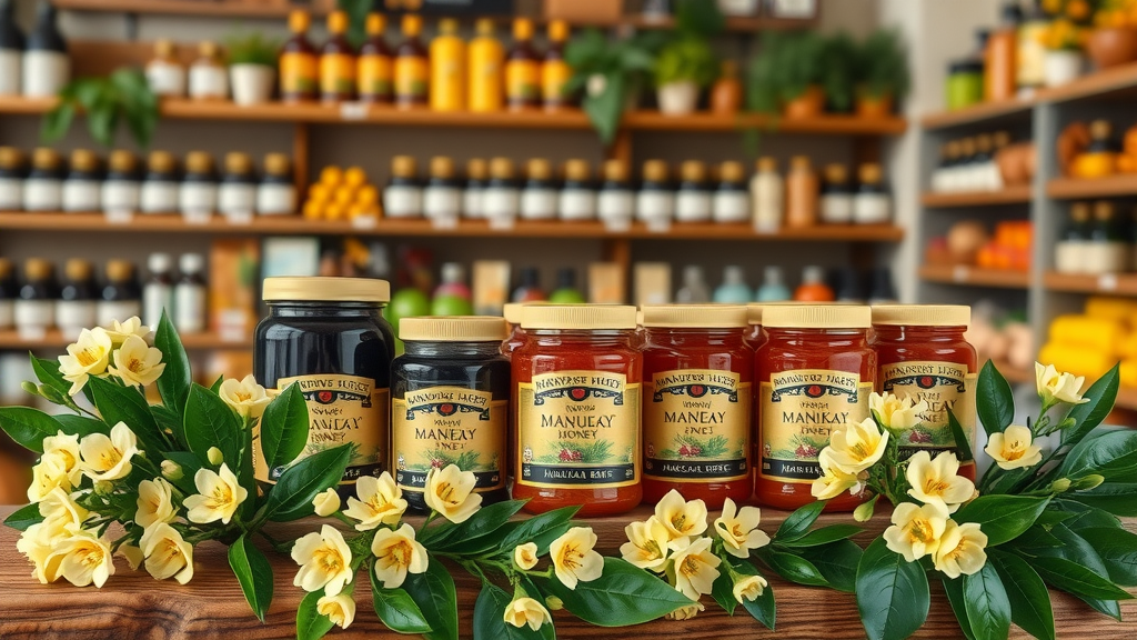 Premium manuka honig angebote jars with manuka flowers on rustic counter