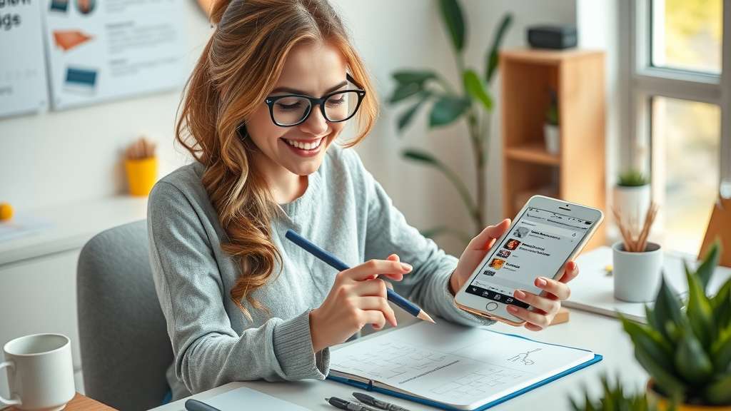 Content Creator Arbeitsplatz, junge Frau gestaltet Social-Media-Inhalte für ein kleines Unternehmen auf Tablet und Smartphone