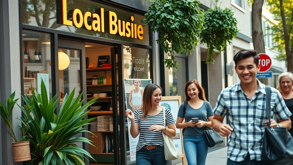 lokale und nachhaltige seo successful local business storefront urban with green and clear signage shoppers natural daylight