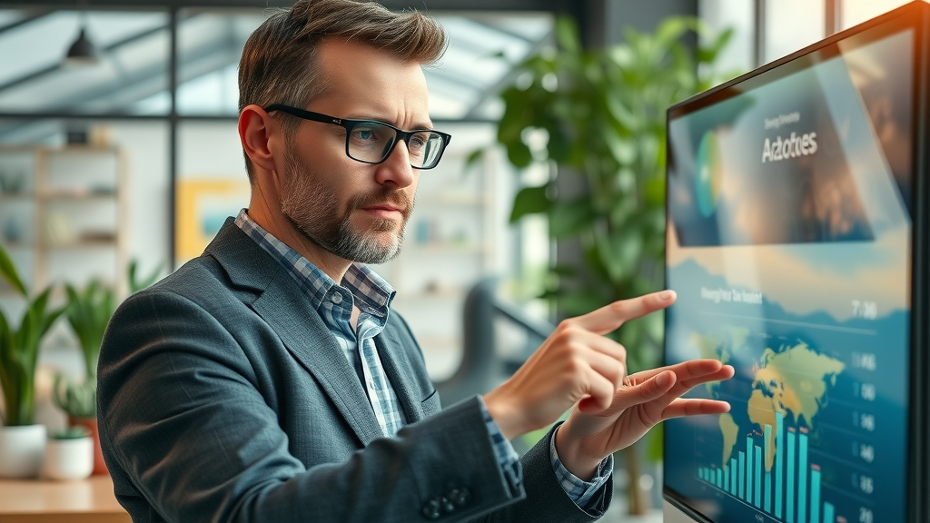 grünes digitales Marketing, modernes nachhaltiges digitales Dashboard mit Umweltkennzahlen, Geschäftsmensch analysiert grüne Daten