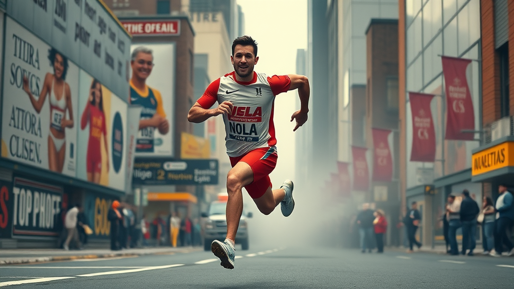 Inspirational athlete running through a city with motivational murals, an example of brand storytelling für social change.