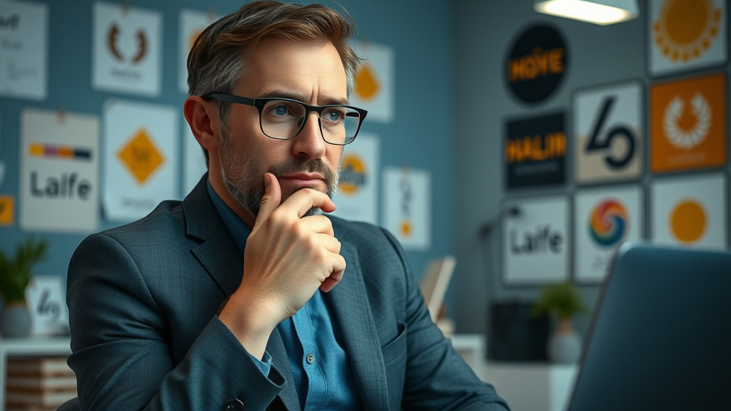 thoughtful brand strategist analyzing brand personality traits and brand identity, working in a detailed office with brand collateral and logo elements