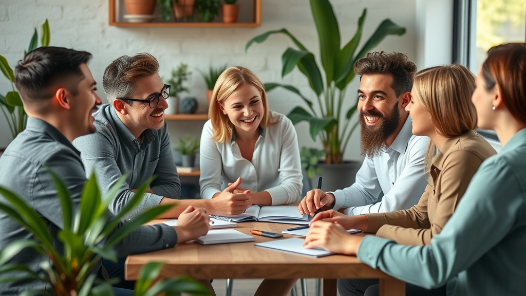 Kleines Unternehmen plant Influencer-Kooperation für Kleinstunternehmen mit Impact, lebendiges Team bei Marketingstrategie-Meeting.