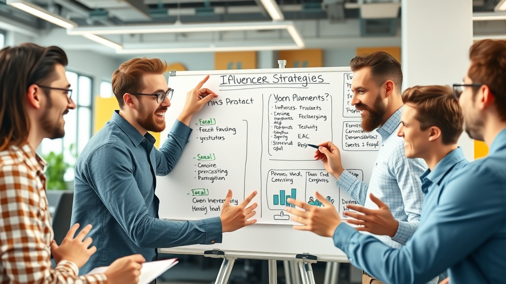 Planung einer Influencer-Kooperation für Kleinstunternehmen mit Impact, Team am Whiteboard mit Strategieentwürfen.