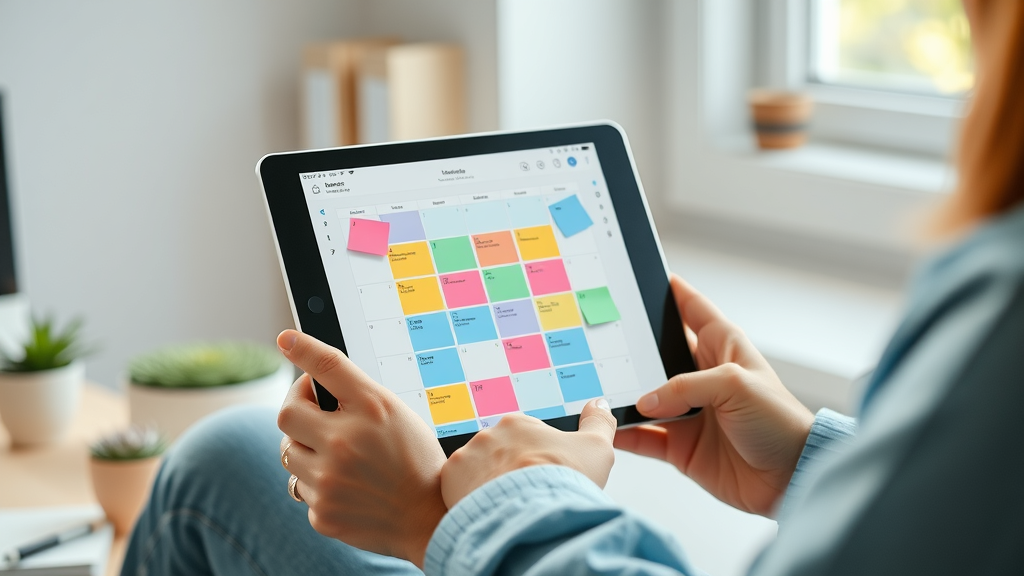 Organisierter Social Media Content-Kalender für die Erstellung von Inhalten, Planung auf digitalem Bildschirm mit Post-it-Notizen