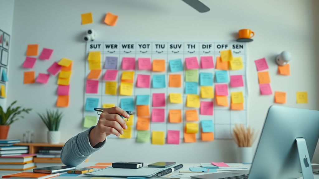Content-Planung für zweckorientierte Marken: Content-Kalender und Baukasten mit bunten Content-Blöcken im kreativen Studio