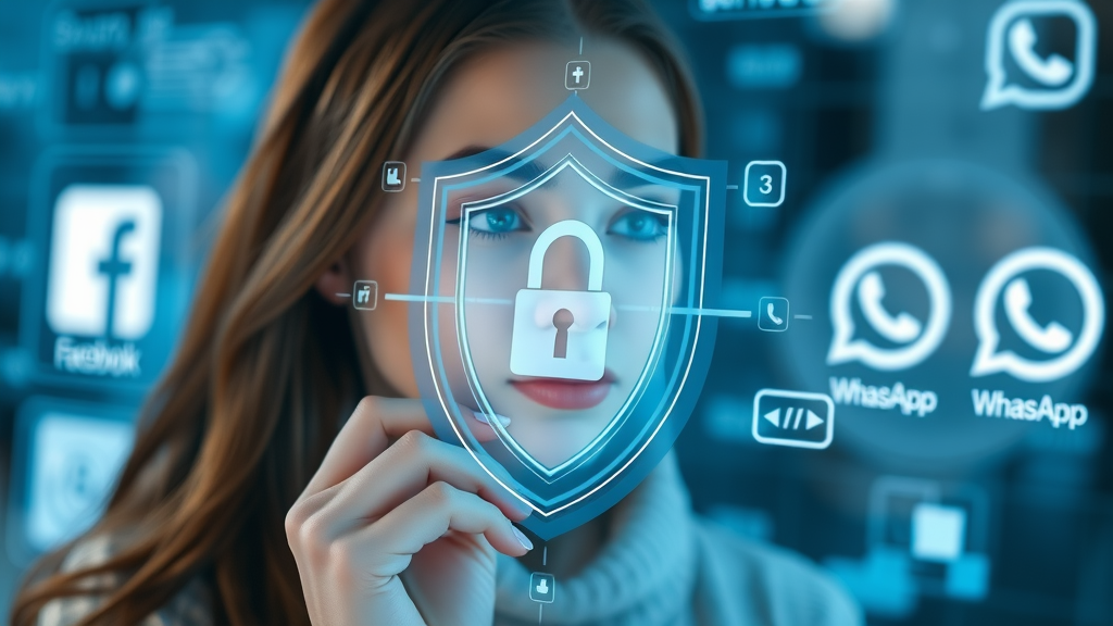 Woman reviewing meta datenschutz richtlinien interface with privacy options