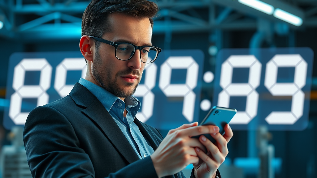 Digitale Uhr mit Social Media Symbolen, Unternehmer prüft optimale Posting-Zeiten für Social-Media-Kampagnen mit Impact für Kleinstunternehmen auf Smartphone