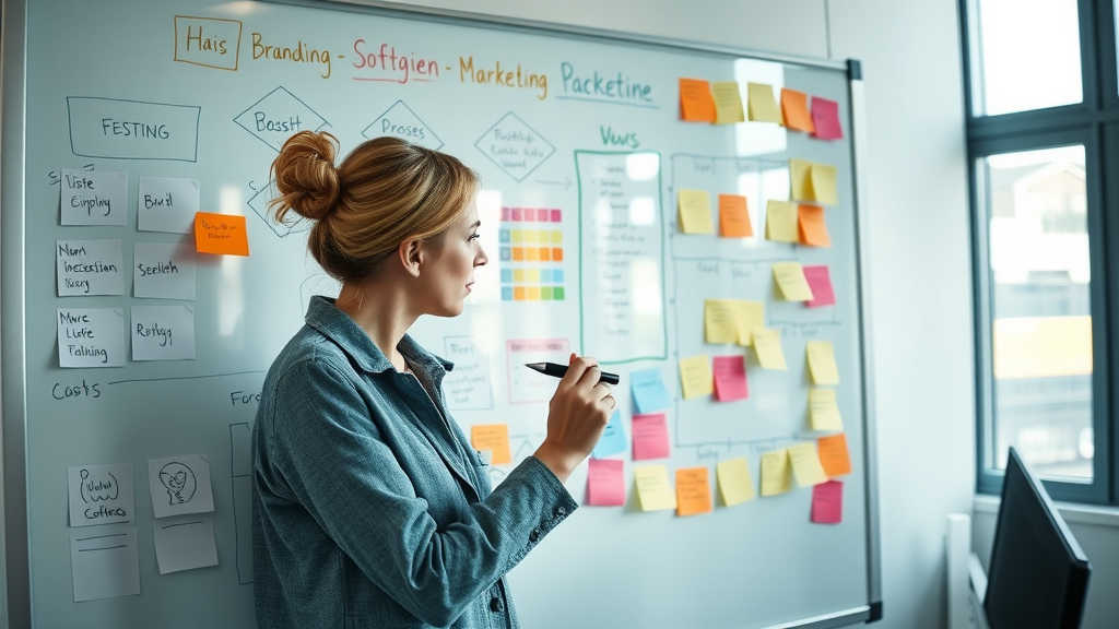 kreative Markenstrategin entwickelt Branding am Whiteboard für die digitale markenstimme