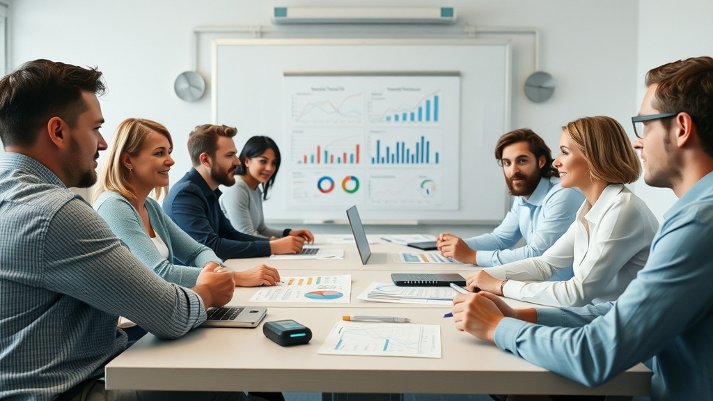Social media Zielgruppenanalyse für kleine Unternehmen: Teamarbeit am Tisch, Whiteboard mit Charts im Hintergrund