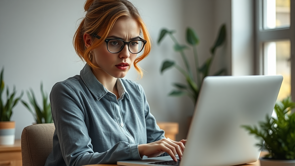 besorgte Unternehmerin betrachtet Kundenstatistiken am Laptop, zeigt Engagement-Optimierung für Kleinstunternehmen mit Impact