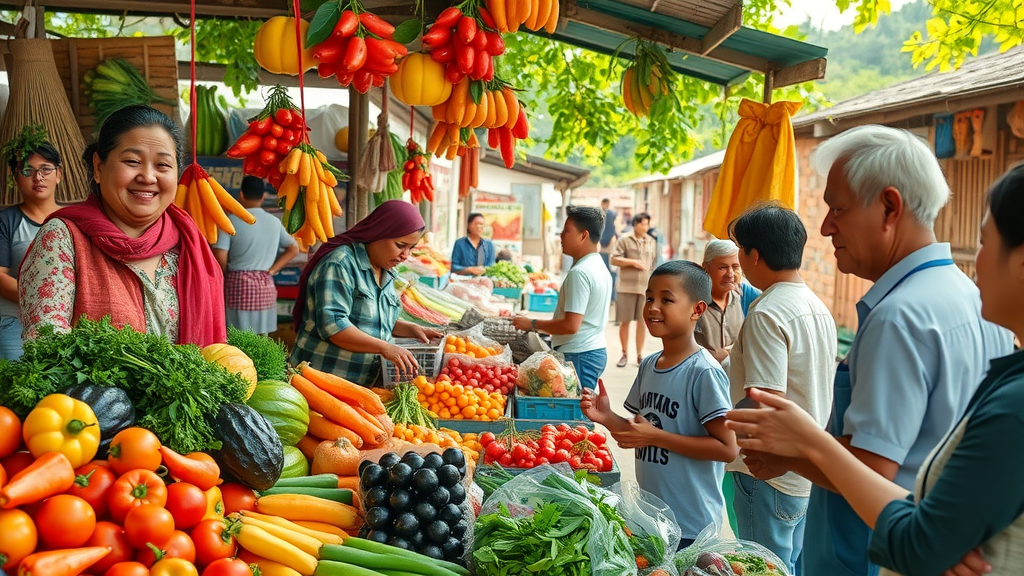 Regional obst gemüse stall bustling with customers at local community market