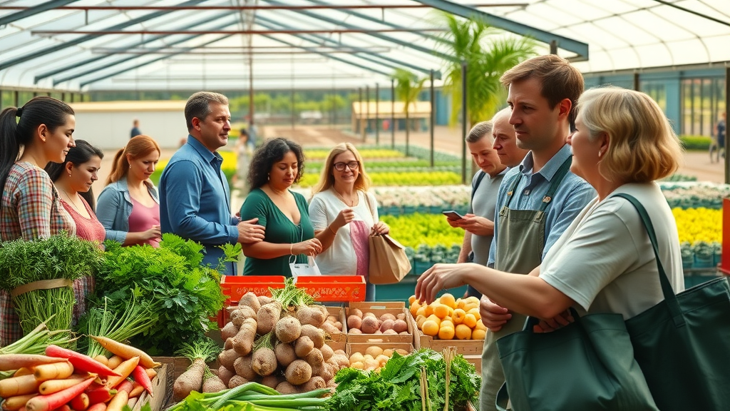 Customers selecting biogemüse at a regional hofladen on a sunny day
