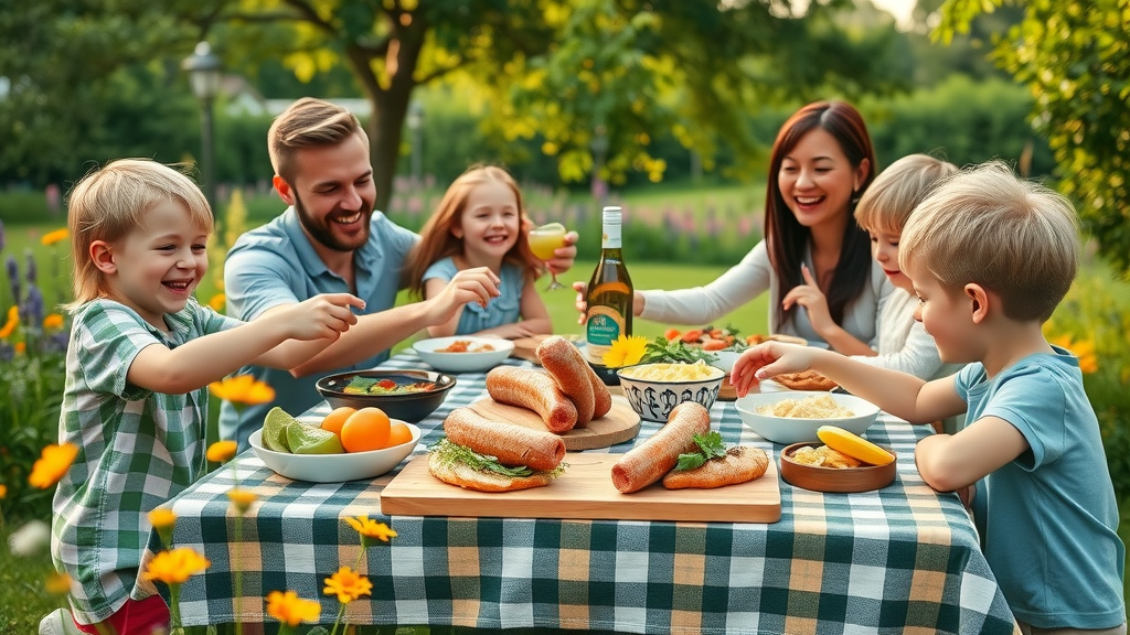 Family picnic with zertifizierte Bio-Wurst and organic dishes outdoors