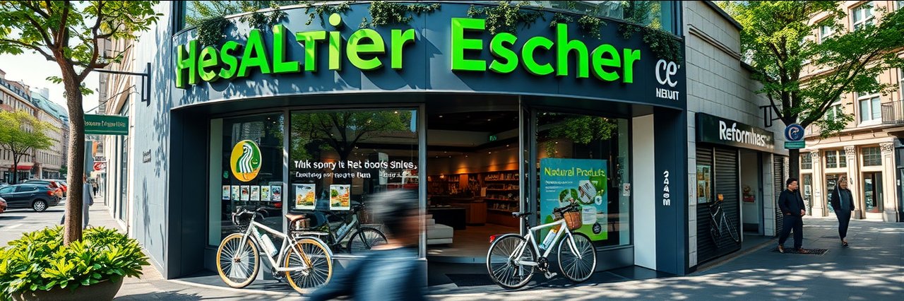 Reformhaus Escher storefront with natural products in urban setting. manuka honig angebote